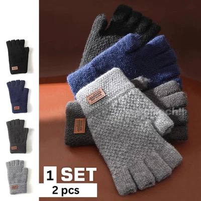 Winter Alpaca Wool Fingerless Gloves Thermal Mens Knitted Half Finger Mittens - image 1 of 4