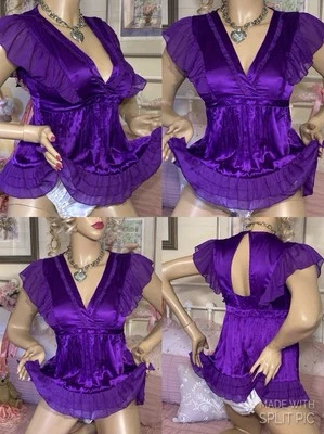 HIGH GLOSS MIRROR SHINE LIQUID SATIN Sexy Secretary Mistress Ruffle hem Blouse - Image 1 of 4