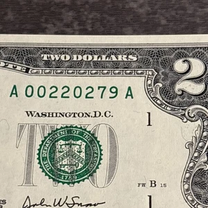 2003 A $2 TWO Dollar Note Fancy LOW 6 Digit SN A 00220279 A UNC GEM CH/CU Note - Picture 1 of 11