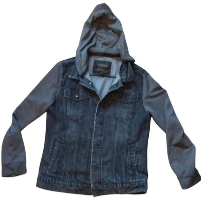 21MEN Denim Jacket with Jersey Knit Hooded Sleeves - Men's Casual Stylish - Image 1 of 4