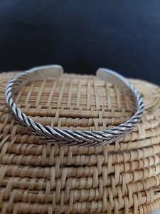 Vintage 925 Solid Sterling Silver Cuff Bangle  Bracelet Fish Bone Open End  7.0" - Picture 1 of 11