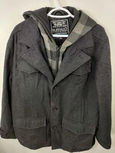 Buffalo David Bitton Men's Wool Hooded Pea Coat Black Gray Checkered XL - Picture 1 of 15