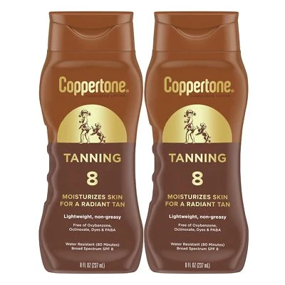 Paquete de 2 lociones protectoras solares corporales bronceadoras resistentes al agua FPS 8, 8 fl oz Foto 1 de 4