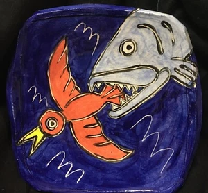 Hand Painted Blue Talavera Fish Bird Folk Art Trinket Bowl Dish Signed by Artist - Picture 1 of 9