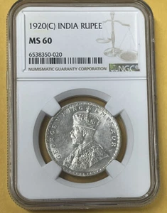 1920 C One 1 Rupee British India King George V Silver Coin NGC Graded MS 60 - Picture 1 of 2