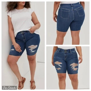 NWT Torrid Bermuda Distressed Stretch High Rise Raw Hem Jean Shorts, Size 10 - Picture 1 of 8