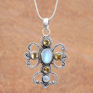 Big Moonstone & Citrine Gemstone 925 Sterling Silver Cross Jewelry Birthday Gift - Picture 1 of 8