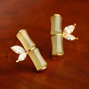 Dainty Elegant Bamboo Faux Jade Stud Earrings – Gold-Tone Leaf Crystal Accent - Picture 1 of 6