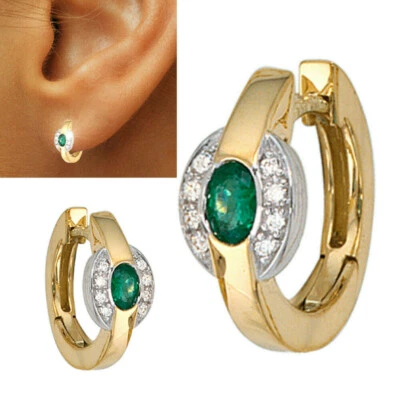 Funkelnde echte Smaragd Ohrringe 585 Gold Creolen rund Diamanten 14,7 mm grün - Bild 1 von 4