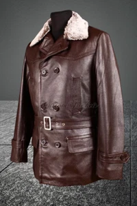 Men's FUR COLLAR German Jacket Pea-coat Real Cowhide Leather Brown - Picture 1 of 12