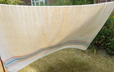 Cobertor de lã 1960 Union Whitney Spinney mistura listras azuis, gr e rosa nas extremidades - Imagem 1 de 4