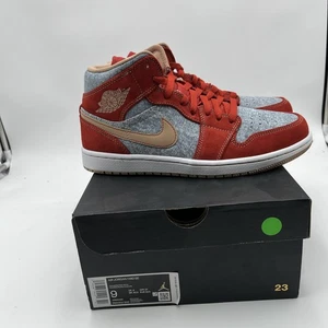 Nike Air Jordan 1 Mid SE Men's Sneakers Denim Red/Cinnabar/Hemp White, Size 9 - Picture 1 of 6