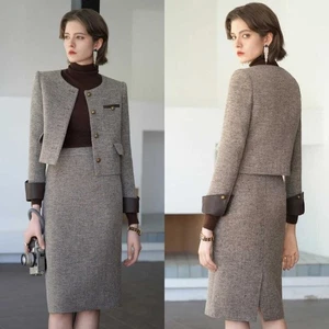 Mujeres Traje de Café Chaqueta Un Pecho Tweed Boda Negocios Falda - Imagen 1 de 13