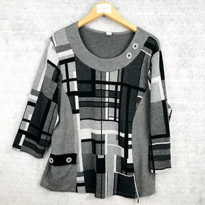 Top gris noir blanc a motifs top femme A taille XXL manches longues women 2xl - Imagen 1 de 8