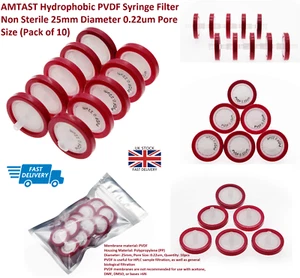 10 x Hydrophobic PVDF Syringe Filter Non Sterile 25mm Diameter 0.22um Pore Size - Picture 1 of 7