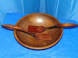 WOODCRAFTERY WOODEN SERVING, MIXING, DOUGH, SALAD BOWL WITH SERVING UTENSILS - Bild 1 von 9