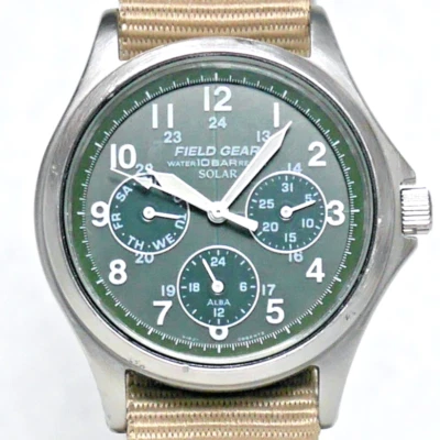 SEIKO ALBA FIELD GEAR Military Watch V14J 2011 Green Solar Power Triple Calendar - Image 1 of 4