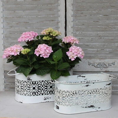 Vintage Dekokorb oval Metall Creme Weiß shabby Landhaus Deko Pflanz Korb Schale - Bild 1 von 2