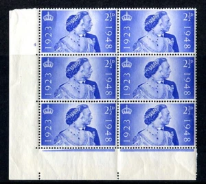 GB 1948 Silver wedding 2½d. value unm. mint corner block six cylinder 4 (no dot) - Picture 1 of 1