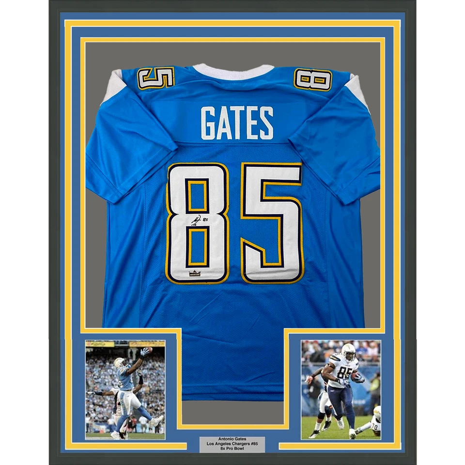 Jersey automático láser reimpresión azul autografiado facsímil enmarcado Antonio Gates 33x42 Foto 1 de 2