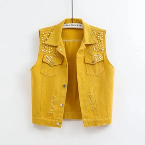 Women Denim Waistcoat Beaded Gilet Vest Outerwear Sleeveless Coat Jacket Top - Picture 1 of 13