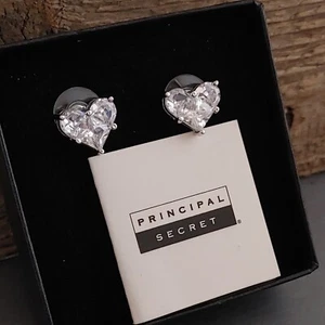 Cubic Zirconia CZ HEART Earrings Silver Tone Rhodium Plated Victoria Principal - Picture 1 of 8