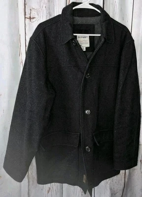 Men's Black Old Navy Wool Car Coat Sz Medium Quilted Lining w/ Inner Snap Pocket - Image 1 of 4