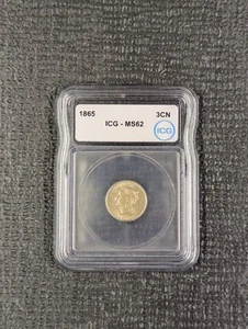 1865 MS 62 Three Cent Nickel (Piece) ICG New White Label - Nice Luster - Picture 1 of 4