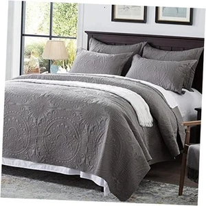 Quilt Size Bedding Set-Embossed, Bedspreads-Lightweight Summer Soft King Grey - Picture 1 of 7