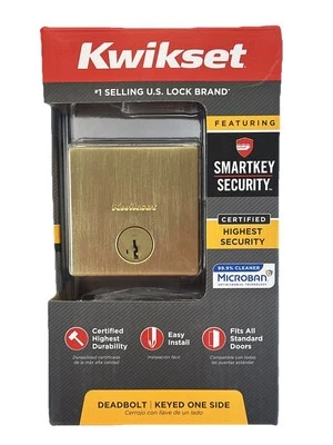 Kwikset Downtown Square Deadbolt Lock Satin Brass SmartKey 92580-033 Single Cyl - Image 1 of 4