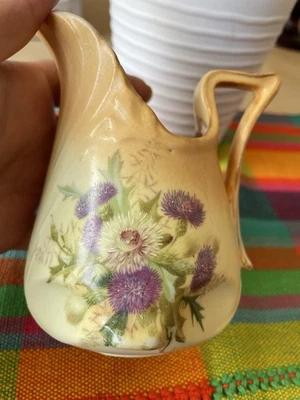 Victorian Peach Creamer Pitcher Purple Floral Transferware Painted Accents VTG - Image 1 of 4