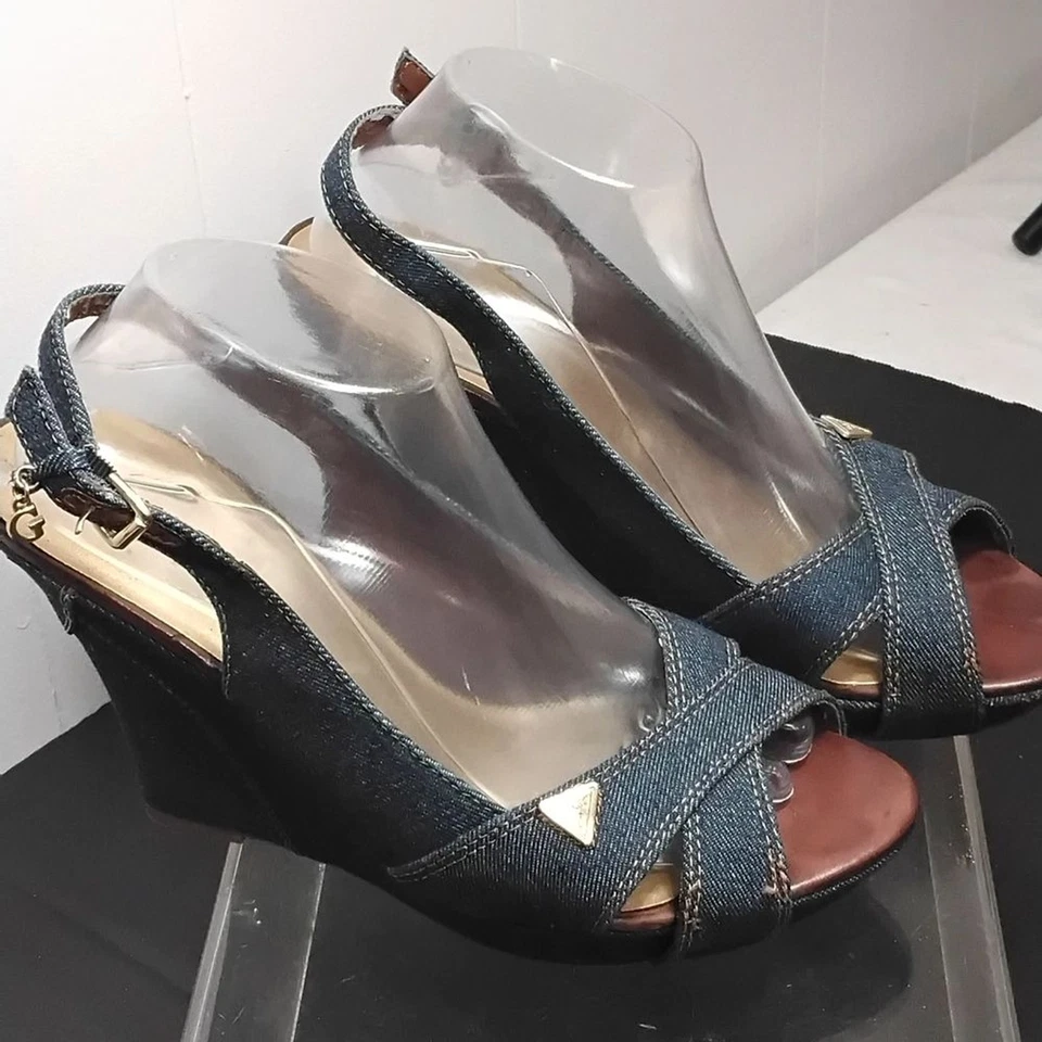 Guess Blue and Brown Wedge Sandals with Slingback - Image 1 of 4