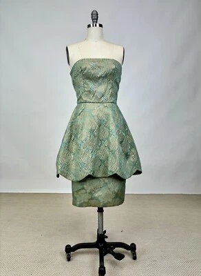 Vintage 1960s Green Gold Brocade Floral Sequin Peplum Tulip Cocktail Dress AS IS - Image 1 of 4