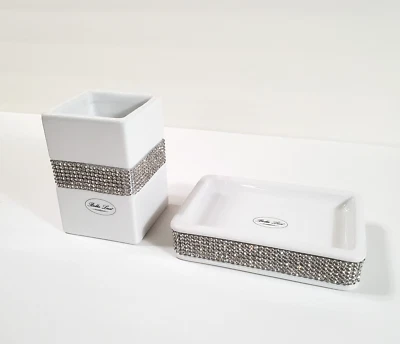 Bella Lux Soap Dish Toothbrush Holder Set White Ceramic Rhinestones Gemmed Glam - Image 1 of 4