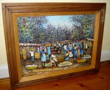 Loubert Antoine Oil Impressionist Haiti Village Market Scene Painting c.1979