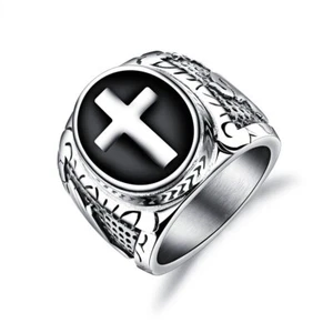 Men's Biker Retro Stainless Steel Christian Holy Cross Prayer Ring Band Gift - Picture 1 of 10
