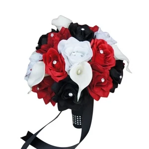 10" Bouquet-Silk rose Real Touch calla lily-Black Apple Red White - Picture 1 of 2