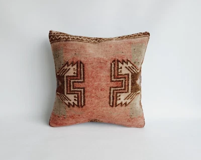 pale pink rustic rug pillow cover , bohemian handmade pillow case 16x16 - Image 1 of 4