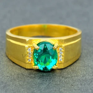 Green Emerald Gemstone Ring 18K solid yellow Gold Men's Engagement -Wedding Ring - Picture 1 of 3