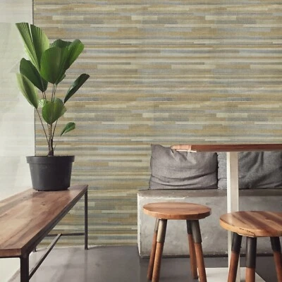 Faux Abaca bark horizontal lines stripes bronze brown gold textured Wallpaper 3D - Image 1 of 4