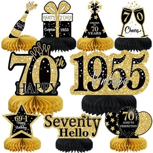9pz Decorazioni 70° Compleanno Centrotavola a nido d'ape per uomo donna nero dorato - Foto 1 di 7