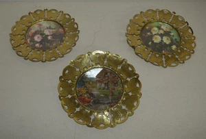 Vintage Brass Punched Butterfly Frames w/ Floral Cottage Pictures Set of 3 Eng - Picture 1 of 7