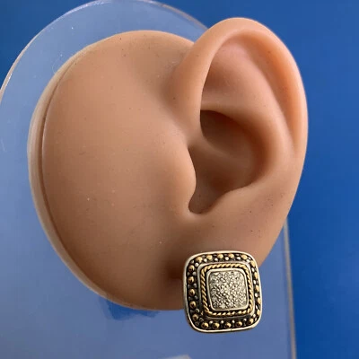 Designer EFFY Sterling Silver 18K Gold Pave Diamond Square Omega Back Earrings - Image 1 of 4