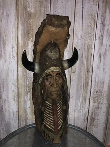Schwere indianische Harzstatue Häuptling Büffelhörner (H) - Bild 1 von 8