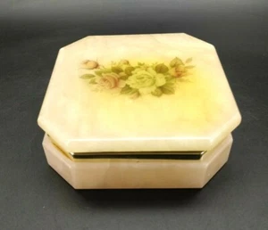 Alabaster Vintage Keepsake Square Trinket Box w Roses Hand Carved Made In Italy - Picture 1 of 12