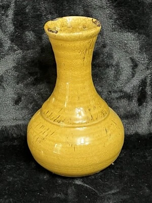 "Florero vintage de cerámica esmaltada marrón mostaza craquelado MCM mediados de siglo pintado a mano 8""" Foto 1 de 4