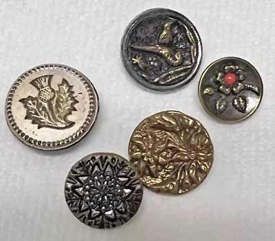 5 Antique Round Metal Picture Buttons Flowers Thistle Bird Glass Details - Image 1 of 4