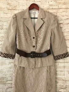Tahari Arthur S Levine Pin Stripe 2 Pc Skirt Suit - Beige w/ Leopard Trim - 12US - Picture 1 of 8
