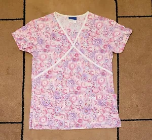 Womens Crest Pink Purple Floral Flower Scrubs Nurse Top sz. XS XTRA SMALL - Picture 1 of 3
