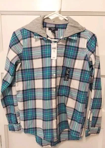 Nwts $30 Gapkids Junior Sz 13 Plaid Hooded Button Up Lightweight Flannel Shirt - Picture 1 of 8